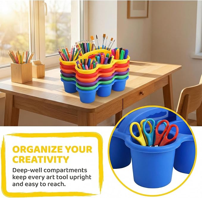 Multicolor Pencil Holders for Desk, 6-Cup Classroom Caddy with Handles, Durable Art Supply Organizer for School Office Home (Set of 6)
