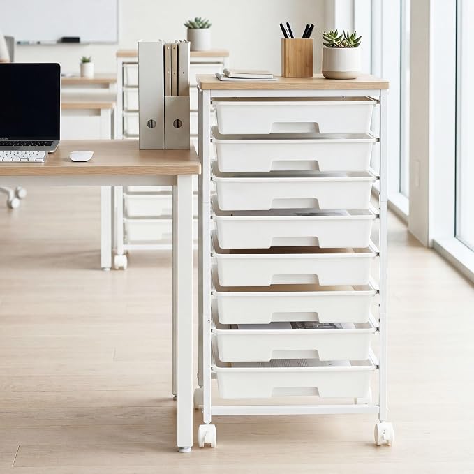 Rolling Cart with 8 Drawers, Rolling Storage Cart with Wooden Tabletop and Lockable Wheels, Craft Storage Cart for Living Room, Office, Classroom, Craft Room, Bedroom, Craft Organization and Storage