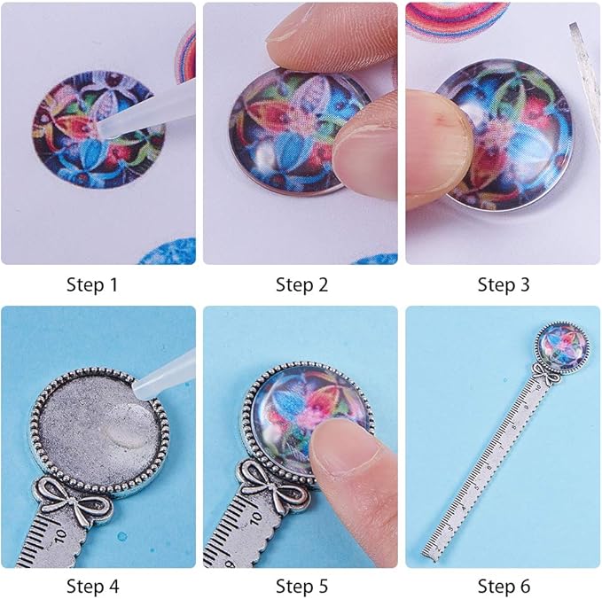 SUNNYCLUE 12PCS 2 Styles Ruler Pendant Tray Kit with 6Pcs Round Bookmark Cabochon Setting Blanks and 6Pcs Clear Domed Glass Cabochon for DIY Alloy Bookmark Making, Antique Silver
