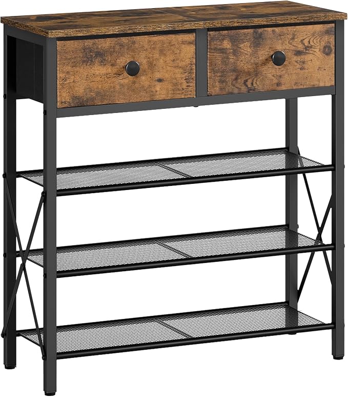 YATINEY 4 Tier Shoe Rack, Large Capacity Shoe Storage Organizer, Metal Shoe Shelf with Drawer and Wooden Top, for 16 Pairs of Shoes, for Entryway, Closet, Rustic Brown and Black SS24BR