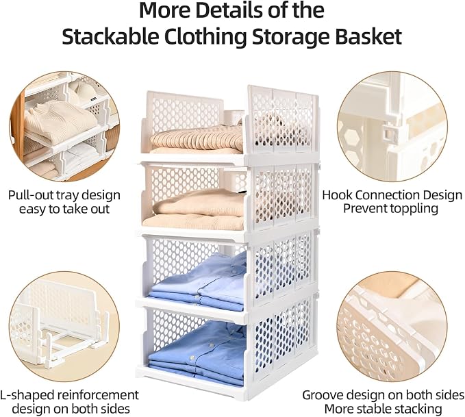 Pull-out Plastic Storage Basket,Stackable Closet Organizers Drawer Anti-Tipping, Reinforced Stable Shelf Container for Bathroom Laundry Room Storage, Space-Saving Clothes Storage (white, Large-4pcs)
