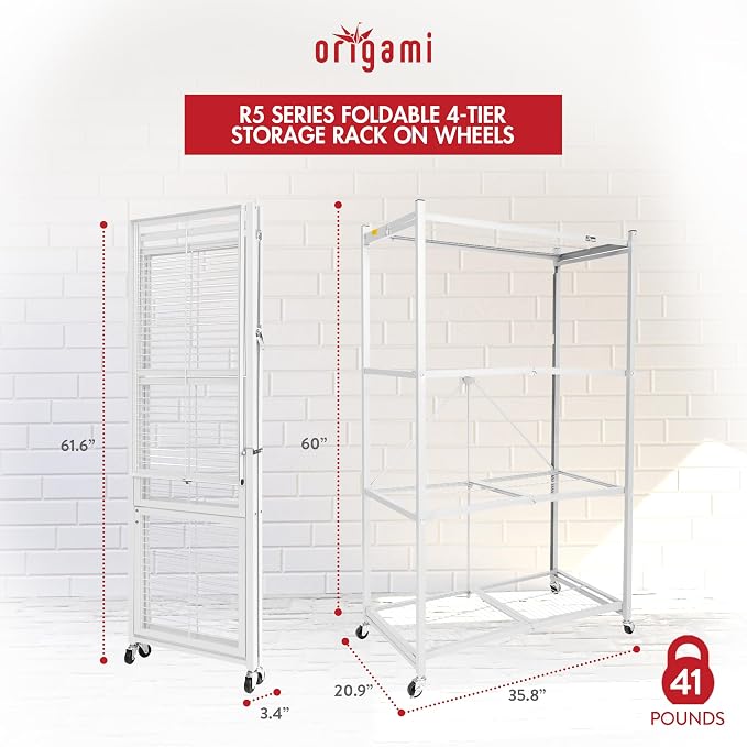 Origami R5 4-Shelf Heavy-Duty Folding Storage Rack, White - Large Foldable Metal Shelving Unit with Wheels for Garage, Pantry, Basement, Laundry Room or Warehouse