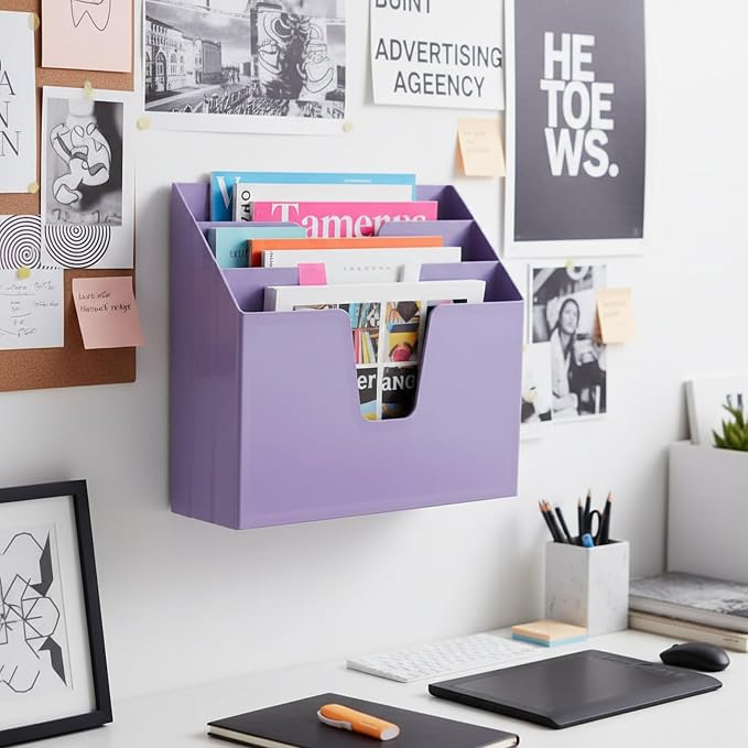 Acrimet Horizontal Triple File Folder Holder Organizer, Open Top Desktop Document Sorter for Letter Size Papers & Folders, Plastic (Solid Purple) | 3 compartments to separate and organize documents, folders and papers