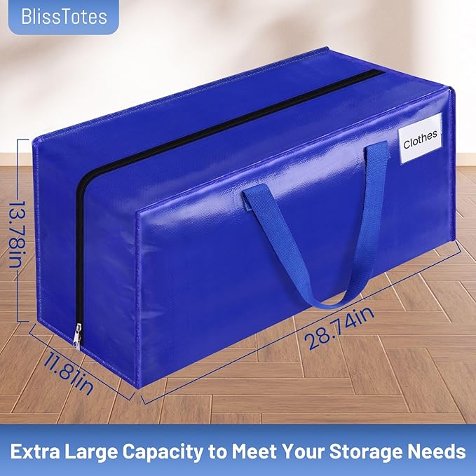 BlissTotes Moving Bags, Heavy Duty Moving Supplies & Storage Bags, Extra Large Packing Bags, Boxes with Tag Pockets, Collapsible Fold Flat Storage Totes, Alternative to Box and Bin, 76L, 4 Packs