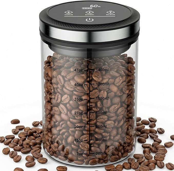 Vacuum Coffee Canister, 1.6L Large Capacity Airtight Coffee Container with Graduated Scale and Vacuum Duration Display. Features Transparent Borosilicate Glass Construction