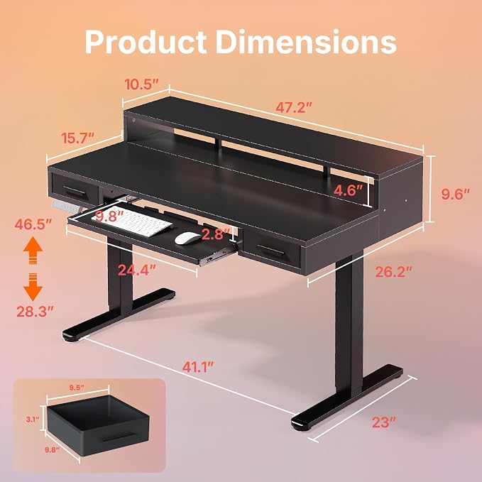HUANUO 48″ x 26″ Electric Standing Desk with 2 Drawers &24.4″ Large Keyboard Tray, C-Clamp Mount Compatible, Adjustable Computer Desk for Office, Sit Stand Up Desk with 4 Height Presets, Black