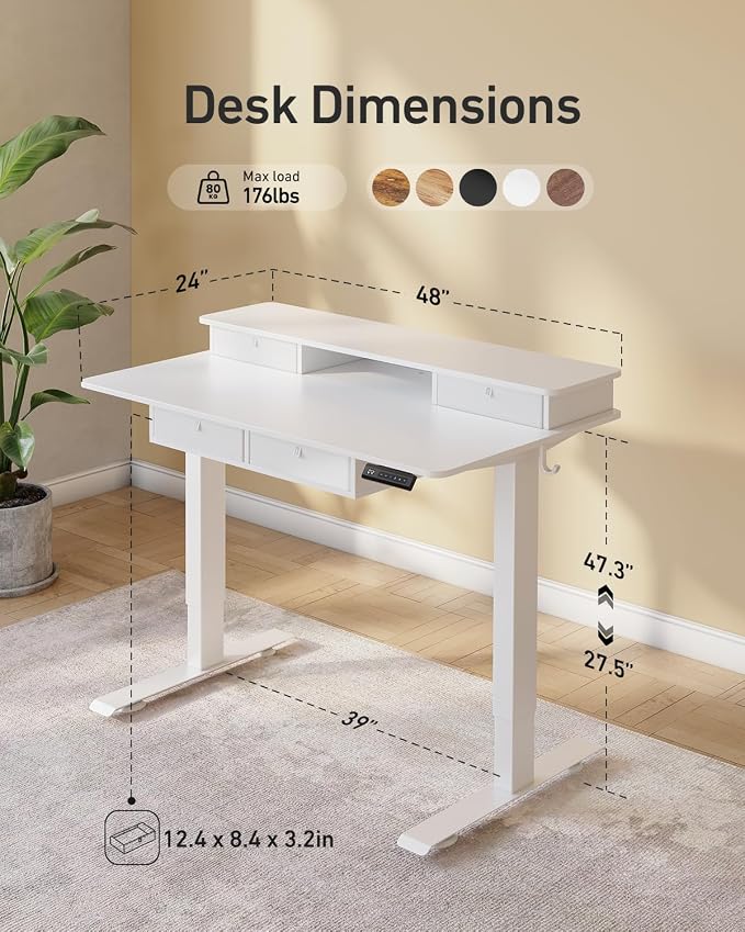 FEZIBO 48 x 24 inch Standing Desk with Drawers, Height Adjustable Electric Workstation, Computer Sit Stand Up Table with Large Storage Shelf 4 Drawers and 2 Hooks, White