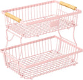 2 Tier Fruit Basket for Kitchen Counter with 2 Banana Hangers, Countertop Metal Fruit Bowl with Wooden Handle, Large Storage Stand for Vegetables, Snacks, Breads, Produce Storage – Pink