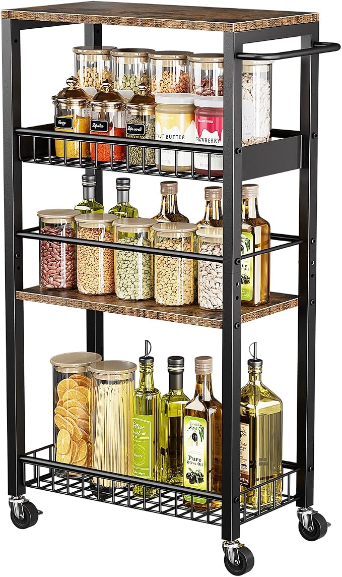 Slim Rolling Storage Cart, 4 Tier Narrow Storage Cart, 9.1in(W) | Metal Kitchen Rolling Cart for Small Spaces, Narrow Shelf for Kitchen, Laundry Room, Bathroom, Living Room