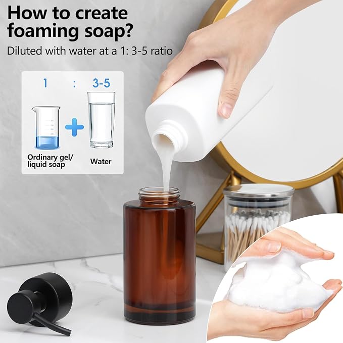 Glass Foaming Soap Dispenser Set with 304 Stainless Steel Pump 12oz 2 Pack | Rust Proof Black Pump, Sturdy, Brown Empty Foam Bottle with Waterproof Labels for Bathroom Decor Kitchen Colleage Dorm