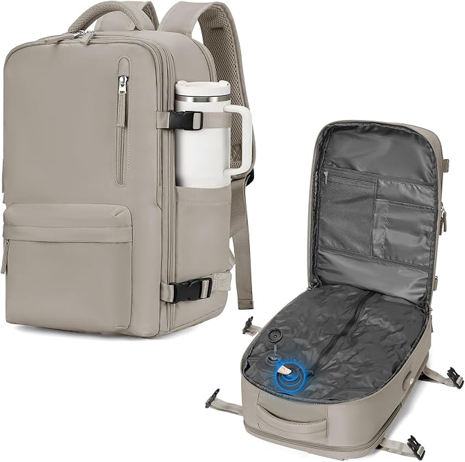 WONHOX Vacuum Seal Backpack for Travel with Air Pump 18x14x8 inches Vacpack Carry on Flight Approved Compression Daypack Laptop Space Saver Bag Storage with Vacuum System Travel Bags Women GreyBrown