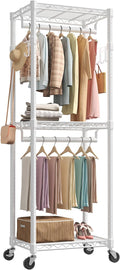 NEWBULIG Heavy Duty Clothing Rack with Wheels, 3-Tier Adjustable Wire Garment Rack, Metal Freestanding Closet Organizer System with Double Hanging Rods & 8 Side Hooks, 23" x 15" x 75", White