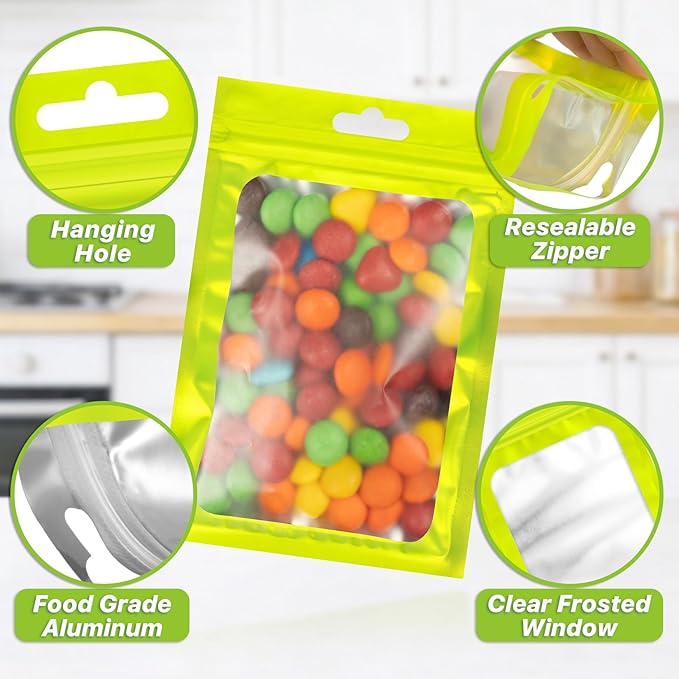 100 Pack Smell Proof Bags, Resealable Packaging Mylar Bags, Heat Seal Bag with Frosted Clear Window, Foil Pouch Smell Proof Zipper Bag for Food Storage (Green, 4.13 x 5.91)
