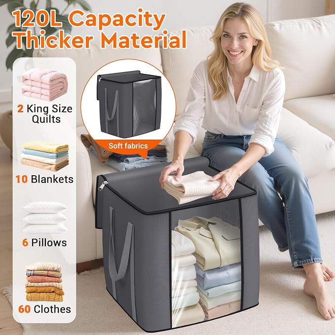 TasticTotes 120L Extra Large Blanket Clothes Storage Bags, Black, 2 Pack | Foldable Blanket Storage and Organization, Thick Fabric Containers with Reinforced Handles & Zippers for Comforters, Bedding