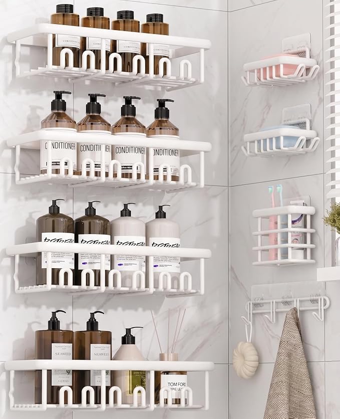 8 Pack Adhesive Rustproof Shower Caddy with Soap Dishes, Toothbrush Holder & Hooks, Large Capacity No-Drilling Shower Shelves Rack for Bathroom Organizers and Storage Accessories, White