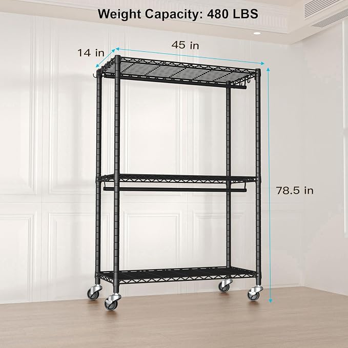 FUTASSI P3 Plus Rolling Clothes Rack, Clothing Racks for Hanging Clothes, Heavy Duty Garment Rack with Wheels, Freestanding Portable Closet Racks 45" W x 14" D x 78.5" H, Max Load 480 LBS, Black