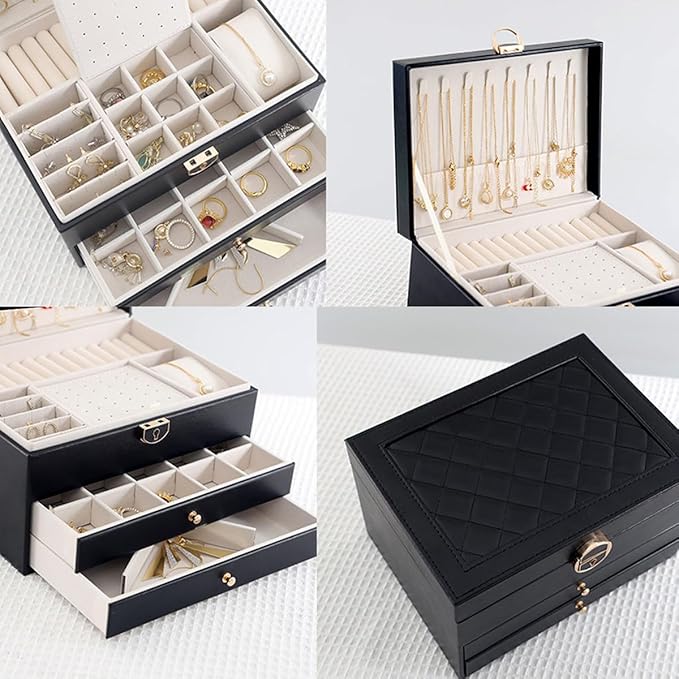 GUOER Jewelry Box for Women Girl Wife 3 Layers Large PU Leather Jewelry Organizer Storage Case with Two drawers Display for Earrings Bracelets Rings Watches (Black) | Vintage Quilting Stitching PU Leather, Earrings Bracelets Rings Necklace Watches Stor...