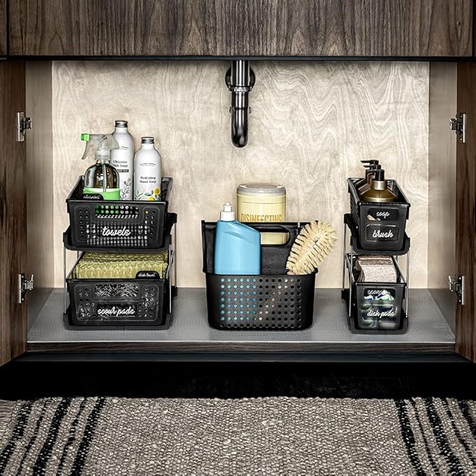 madesmart Premium Small 2 Tier Organizer, Under Cabinet Storage with Sliding Drawers, for Cleaning Supplies, Pantry, Sponges, Bottles, Adjustable Dividers & Pull Out Sliding Baskets, Carbon