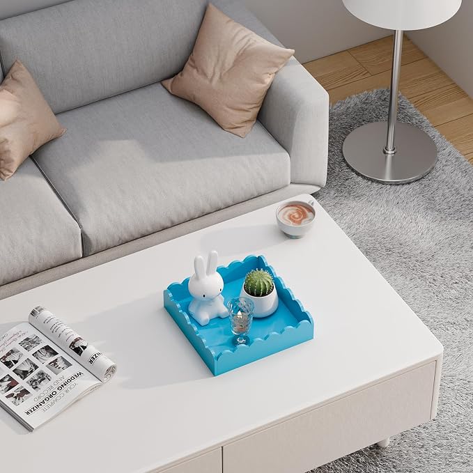 Scalloped Acrylic Tray, Glossy Blue Acrylic Decorative Tray for Home Decor, 8x8 Inch Acrylic Organizer Tray for Bathroom Vanity Countertop Square Acrylic Display Tray for Jewelry (Square Blue)