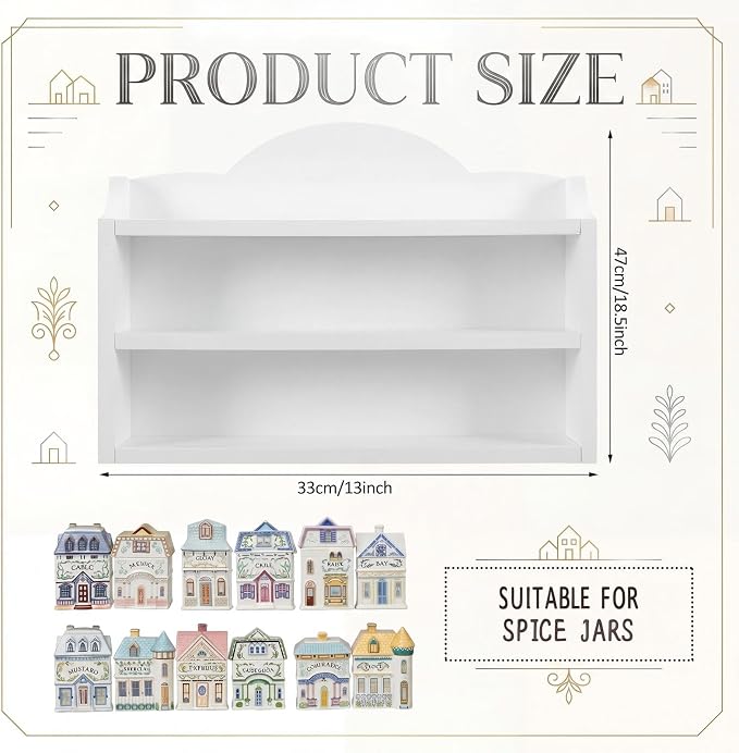 Chunful Vintage Spice Jar Wooden Rack White Classic 3-tier Spice Shelf for 24 Jars, Village Style Wall Mounting Kitchen Storage Decorative Hanging Display Rack, Shelf Only