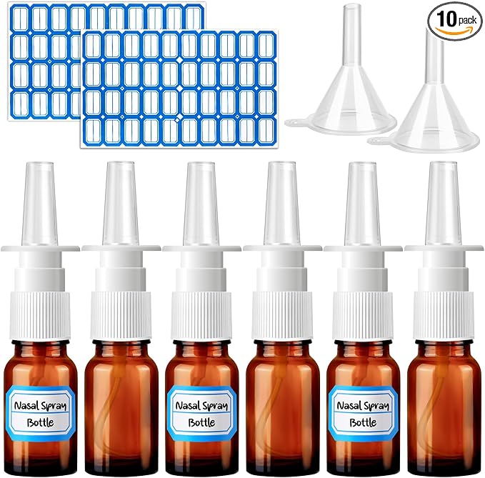 10 Pcs Nasal Spray Bottle, 10ML/0.35OZ 6 Pcs Refillable Fine Mist Glass Empty Nasal Spray Bottle with 2 Funnels and 2 Labels