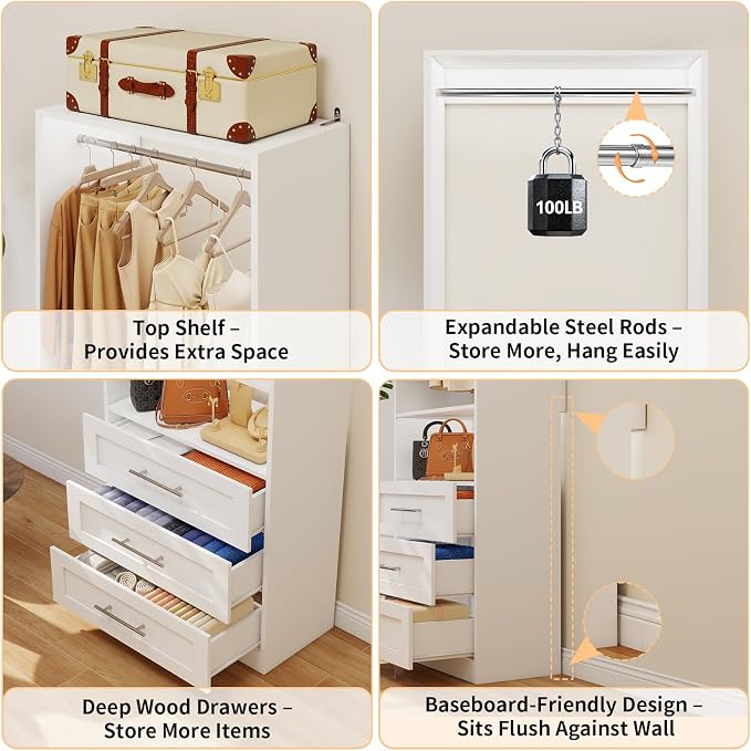 Closet System with 3 Sets, 6FT-15FT Customizable Closet Organizer System with 9 Drawers & 3 Shelves & 6 Hanging Rods, Modular L-Shaped Walk-in Closet or Freestanding Tower Closet Storage System, White