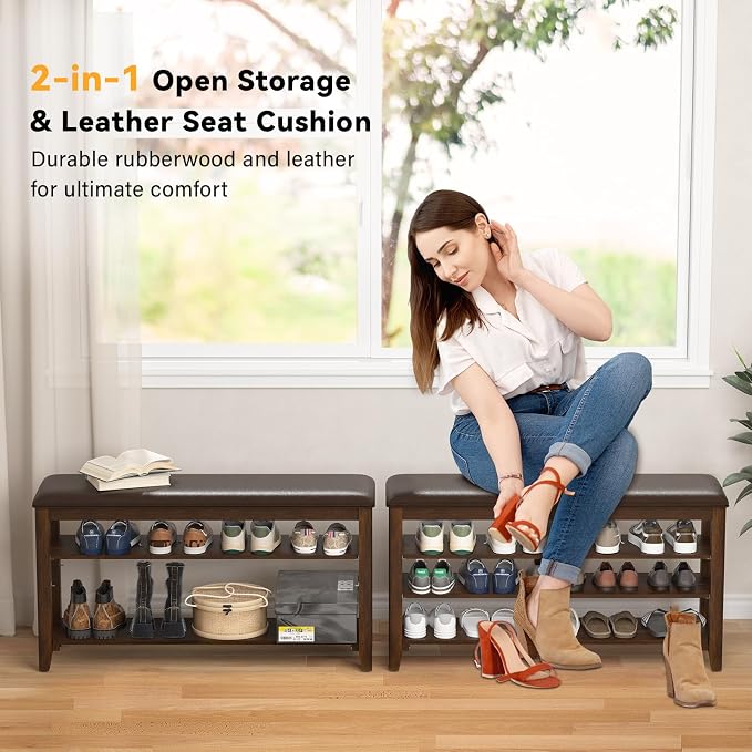 Taitiy Entryway Shoe Storage Bench, Shoe Organizer Bench for Entryway, Ideal for Hallways Front Doors Entrances Mudrooms Featuring Rubberwood and 3 Height-Adjustable and Removable Shelve