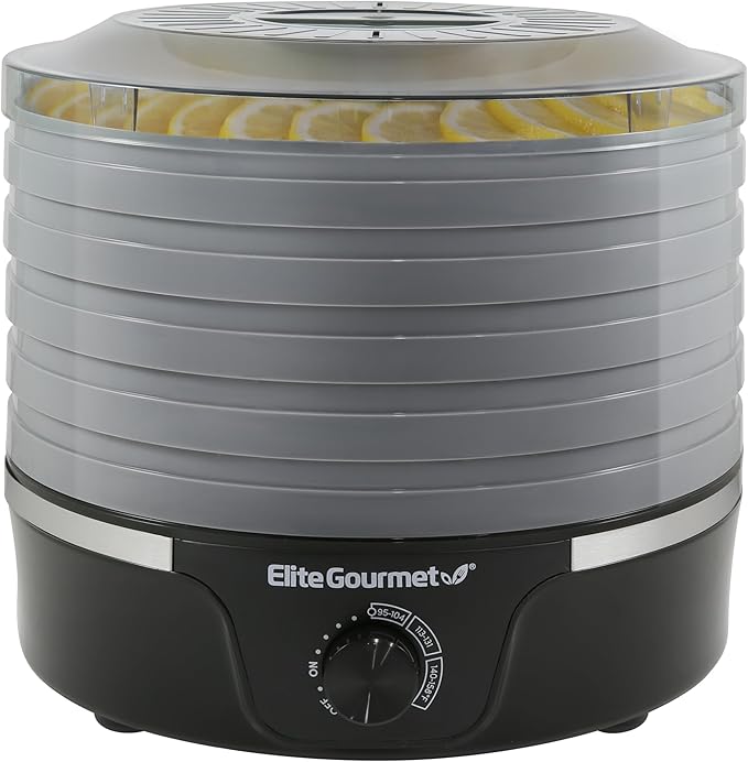 Elite Gourmet EFD319DKG Food Dehydrator, 5 BPA-Free 11.4" Trays Adjustable Temperature Controls, Jerky, Herbs, Fruit, Veggies, Dried Snacks, Black and Grey