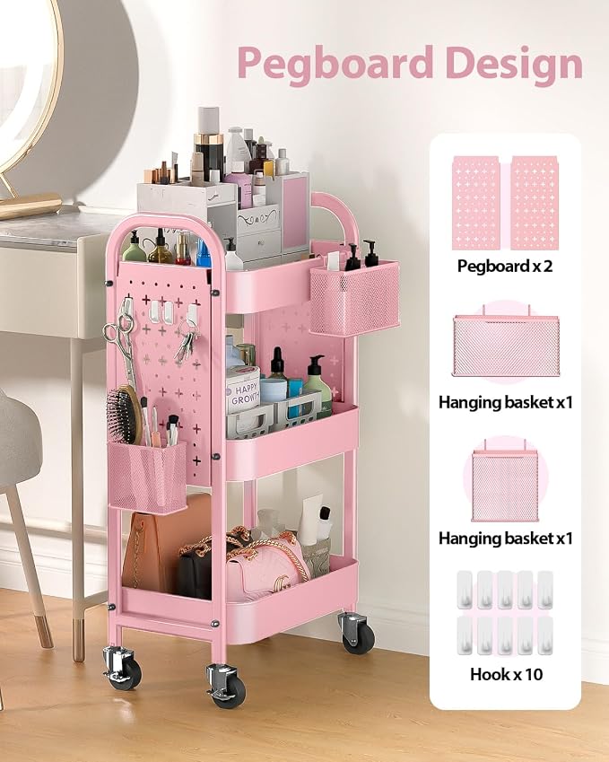 ALVOROG 3 Tier Metal Rolling Utility Cart with Pegboards,Baskets,Hooks,Pink | More Storage Craft Cart with Pegboards,Lockable Wheels,Hooks & Baskets to Organize Kitchen,Office,Bedroom and DIY Supplies