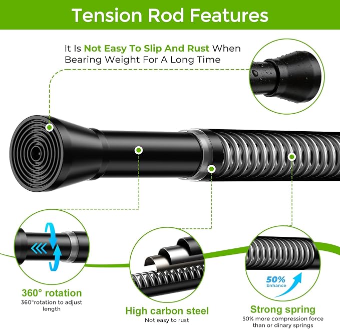 Spring Tension Rod 28-48 Inches No Drilling Adjustable Black Spring Loaded Curtain Rod Expandable Extra Long Tension Curtain Rod for Windows,Kitchen,Doorway
