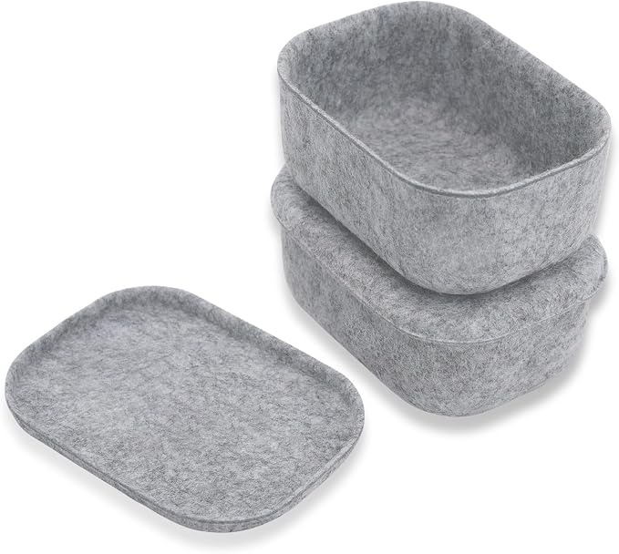 Welaxy Small Hide Storage Containers with Lids, Natural Beige felt bin with Lid Set of 2 (Gray)