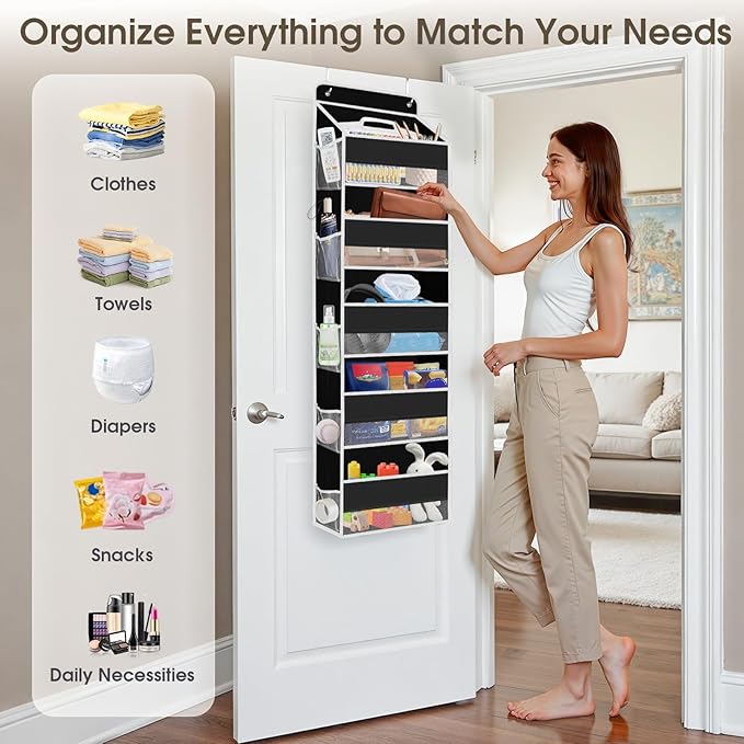 SpaceHacks 2 Pack Over The Door Organizer, Hanging Storage Organizer with Clear Window, 40lb Ultra Sturdy Large Capacity Room Organizer for Pantry Laundry Bathroom Nursery Closet (Black)