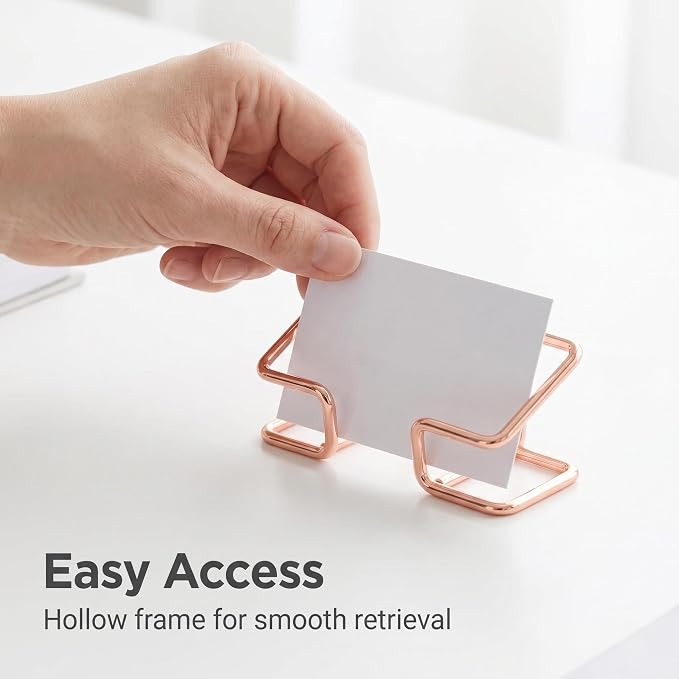 Desktop Business Card Holder, Sturdy Metal Name Card Display Stand for Office Reception, Work Desk, Exhibition Rose Gold