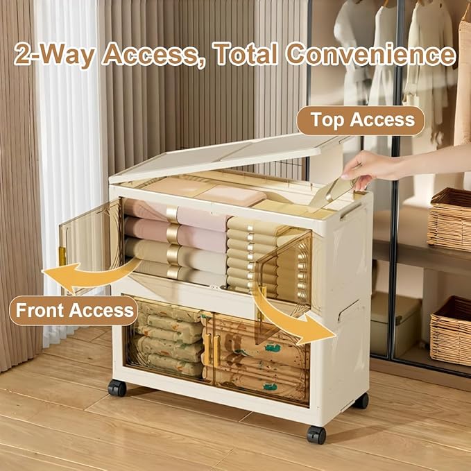 4-Tier Stackable Storage Bins with Wheels & Magnetic Doors, Foldable Collapsible Organizer Cabinet with Lids, 40 QT Arc-Design Storage Boxes for Bedroom, Kitchen, Office, Dorm