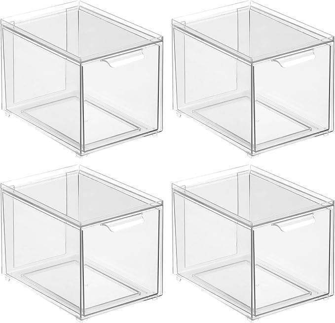 mDesign Shoe Storage Box with Drawer – Sturdy Plastic Storage Box for Shoes – Stackable Drawer Box for Shoes, Accessories and More – Pack of 4 – Clear