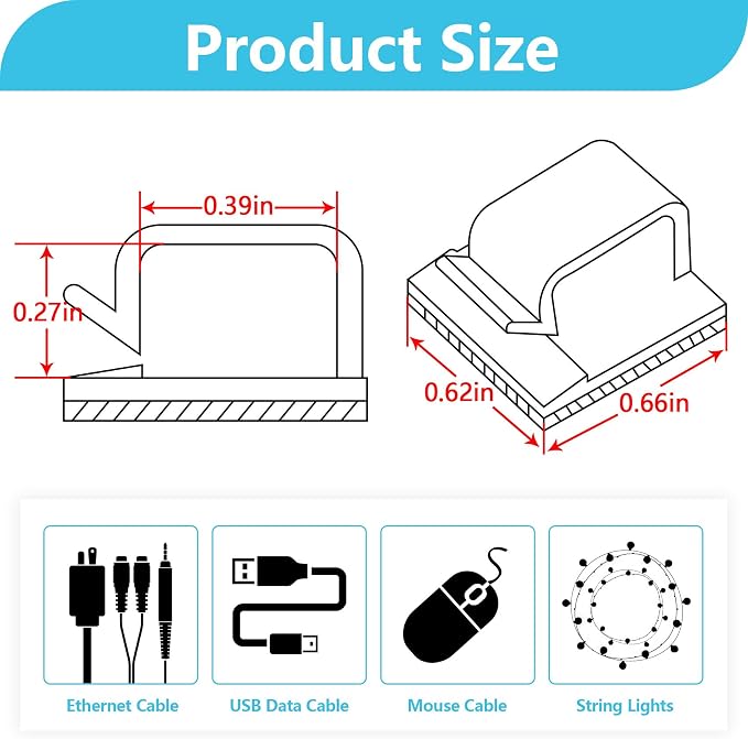 Abnii 100PCS Cable Clips, Adhesive Wire Clips Organizer Cord Clips Management, Cable Staples Outdoor Strong for Wall, Desk, Christmas Lights, String Lights, TV PC Ethernet Cable, Clear Large