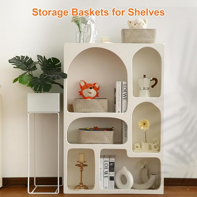 Small Storage Baskets for Organizing, Woven Storage Bins for Shelves, Gift Basket Empty, Cute Decorative Closet Organizer, Baby Rope Basket, Dog Toy Storage, 13.2x8.2x5.2”, 3Packs Mixed Brown