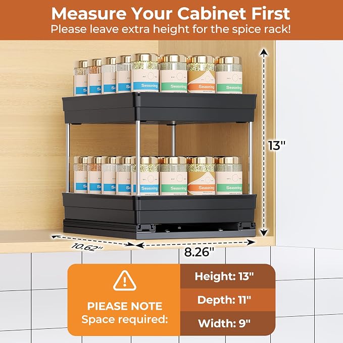 Mystozer Pull Out Spice Rack Organizer for Cabinet, Slide Out Spice Racks Organizer, Easy to Install Spice Cabinet Organizers, 8.26''Wx10.6''Dx8.7''H, 1 Pack-2 Tier(Black)
