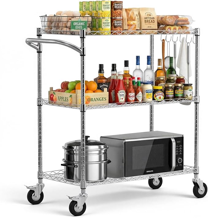VEVOR Kitchen Utility Cart, 3 Tier Heavy Duty Adjustable Wire Storage Rack, Commercial Steel Rolling Service Trolley on Wheels, Work Table with Handle Bar, for Garage and Laundry Room, 35x17.8x40.9 in