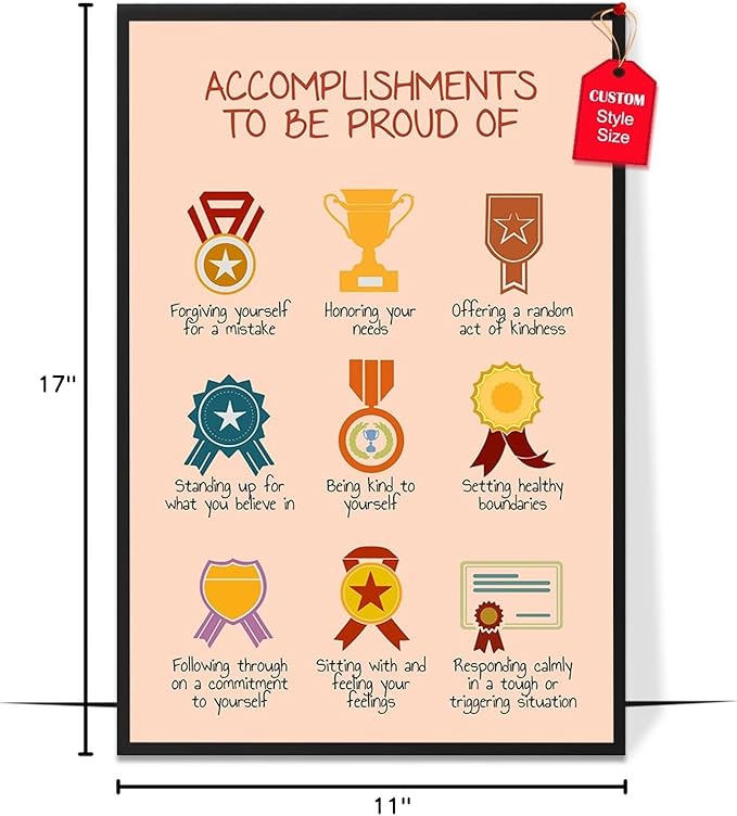 LOLUIS Mental Health Poster, Boho Therapy Tools Educational Supplies Art Print Classroom School Office Decor (Accomplishments To Be Proud, Custom Frame Type)