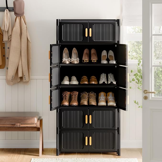 Shoe Rack, 7 Tier Shoe Storage Cabinet with 6 Doors, 21 Pair Plastic Shoe Cabinet with Waterproof, Outdoor Shoe Shelves Organizer for Entryway, Bedroom, Hallway,Living Room, Black