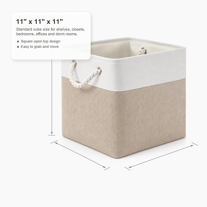 11x11 Inch Cube Storage Bins, 6 Pack Collapsible Fabric Storage Cubes with Rope Handles, Waterproof Foldable Storage Baskets for Cube Shelves, Closet, Clothes, Toys, Books, White & Beige
