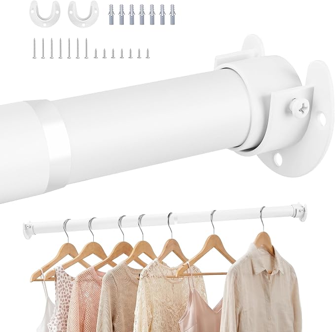 Adjustable Closet Rod for Hanging Clothes, 17-39inch Heavy Duty Metal tension clothes rod，1.3Inches Closet Pole with Hardware Kit for Closet Organization Laundry Room RV, White