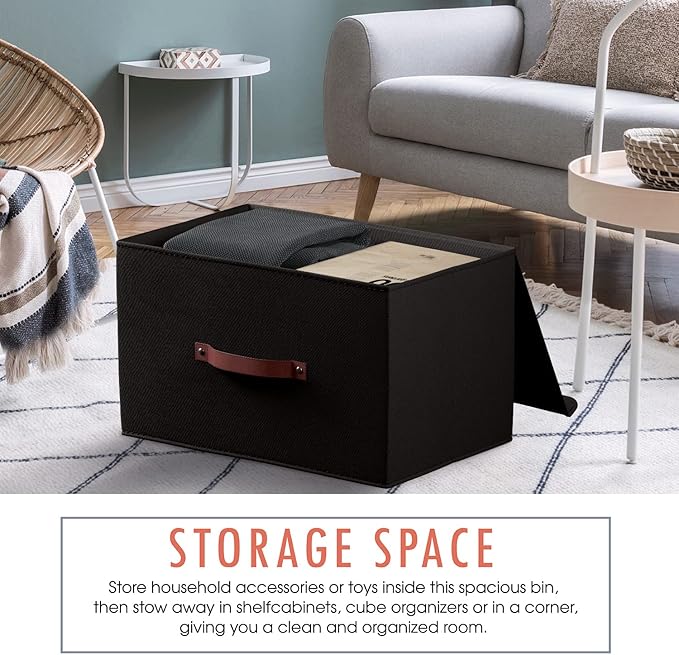 Ornavo Home 3 Pack Collapsible Storage Bins with Lid, Foldable Linen Fabric Shelf Storage Basket Closet Organizer and Large Storage Box for Clothes with Leather Handles, 16.5 x 11.8 x 7.5, Black