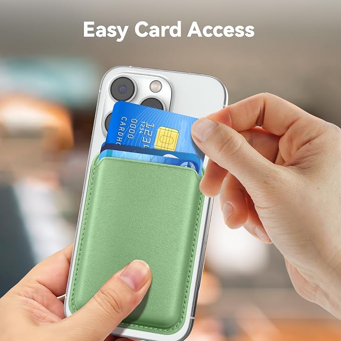 Magnetic Wallet Cell Phone Card Holder for Phone Case with Mag-Safe, Stronger Magnetic RFID Leather Phone Wallet Stick on Series of iPhone 17/16/15/14/13/12 and Pro/Promax,Light Green