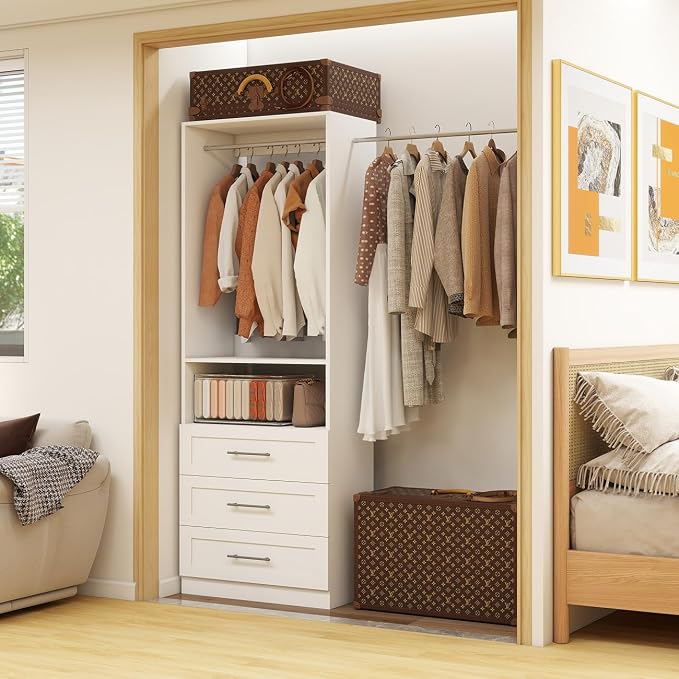 Dilando Closet System with Drawers, 2FT-5FT Closet Organizer System Walk-in Closet Corner Small Freestanding Closets Storage System with 2 Hanging Rods & Shelf White (2FT)