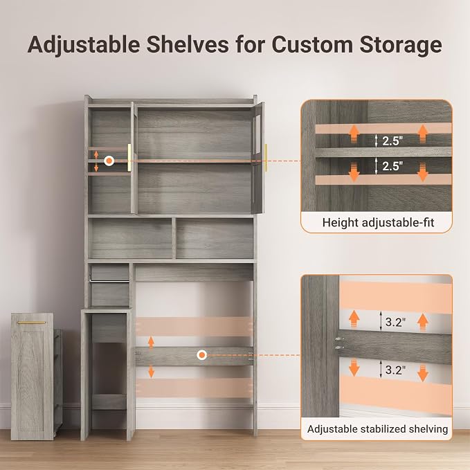 ELYKEN Over The Toilet Storage Cabinet with Pulley Bathroom Storage Cabinet, Home Space-Saving Over Toilet Rack with Glass Doors & Adjustable Open Shelf for Bathroom, Restroom, Laundry, Grey