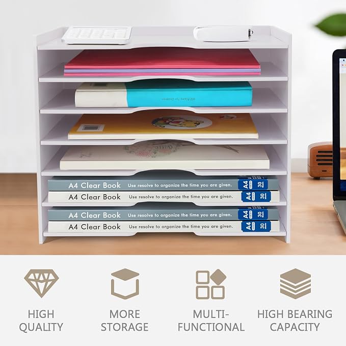 SONGWAY File Organizer for Desk - 7 Tier Wide Document Holder, Letter Mail Tray Storage Rack, A4 Paper Storage Holder, Desktop Organizer for Home Office School, White