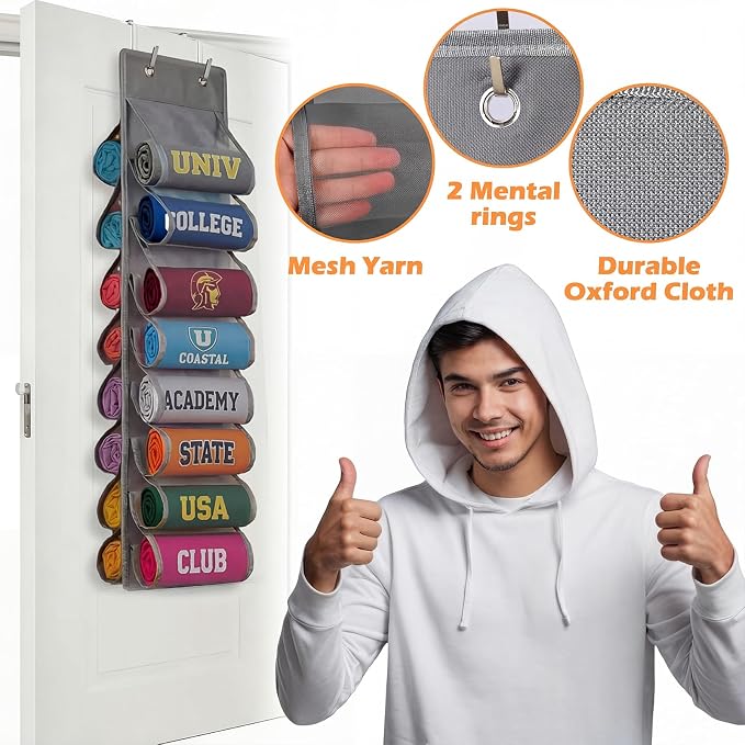 Over The Door Hoodie Organizer, Double Sided Holds 16 T-Shirts, White Hanging Storage with 2 Hooks and Rope for Door Closet Cabinet Use, Ideal for Dorm Rooms Bedroom (Gray)