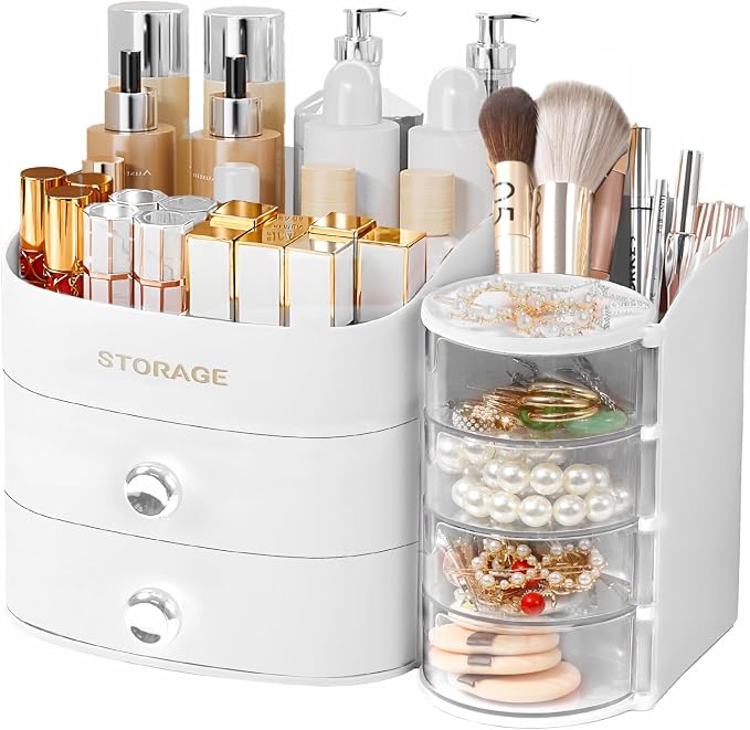 XIAPIA Makeup Organizer Countertop, Make Up Organizer for Vanity | Skincare & Cosmetic Organizers with Drawers, Bathroom Storage for Brush Holder|Lipstick|Jewelry, Ideal Gift for Women, White